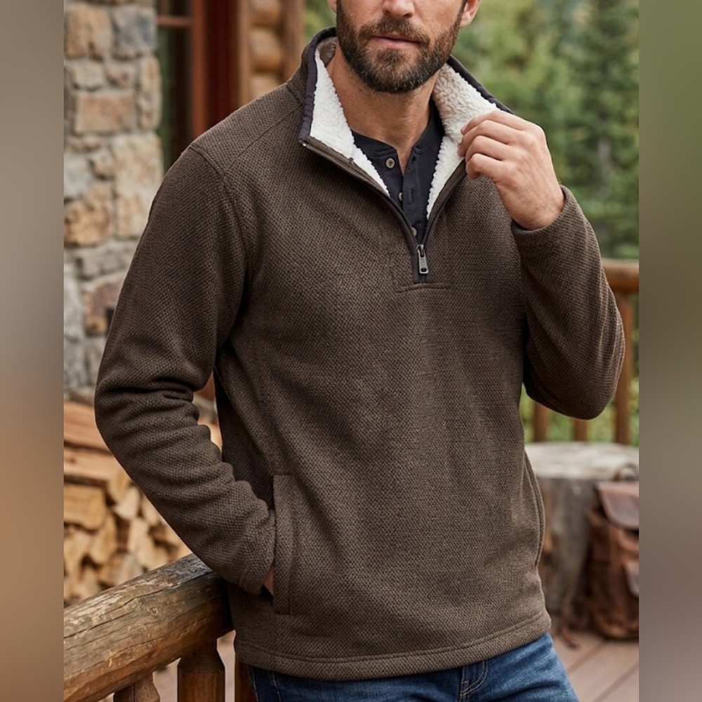 Orvis Men's Zip-Up Sherpa Collar Sweater in Chocolate Brown
